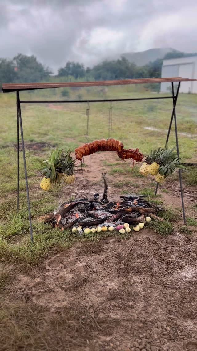 Blazing fire pit at dusk